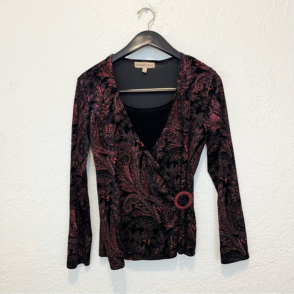 Vintage 90s Y2k Top Black Velvet Red Glitter Paisley Whimsigoth Small S